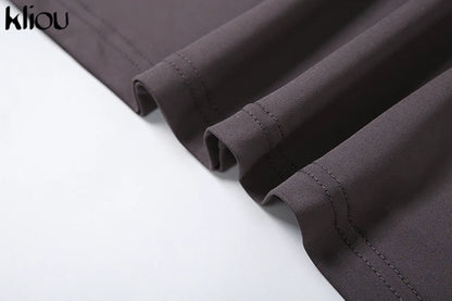 Kliou Shirring Women Classic Maxi Dress Autumn New Solid Long Sleeve High Collar Body-shaping Vestidos Mujer Concise Trend Robe