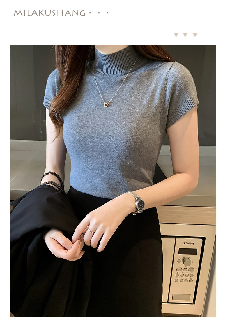 Half-High Neck T-Shirt Women's Fashion Jumper Casual Tops Korean Style Elegant Solid-Coloured Clothing Spring And Summer Season