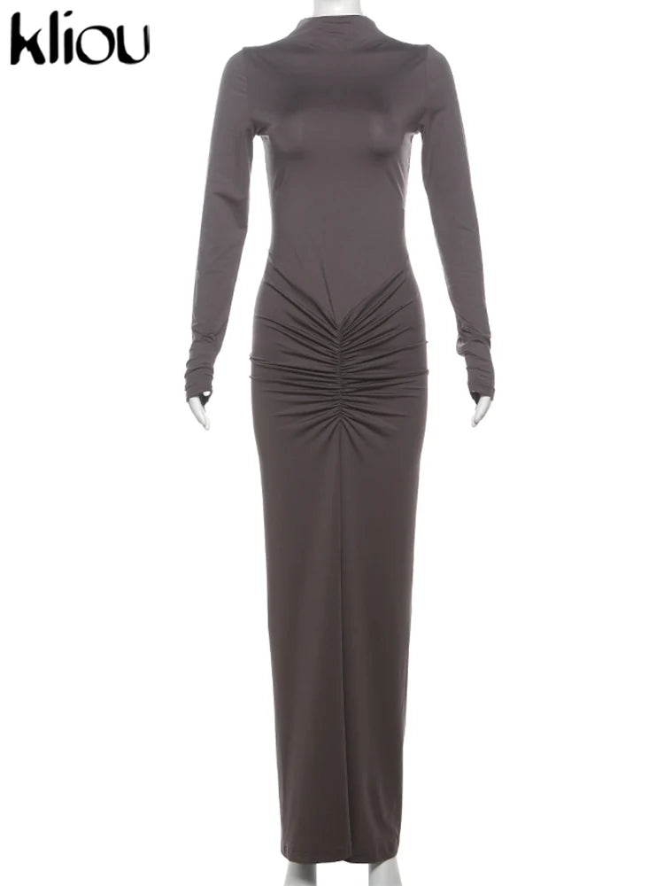 Kliou Shirring Women Classic Maxi Dress Autumn New Solid Long Sleeve High Collar Body-shaping Vestidos Mujer Concise Trend Robe