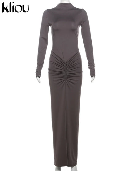 Kliou Shirring Women Classic Maxi Dress Autumn New Solid Long Sleeve High Collar Body-shaping Vestidos Mujer Concise Trend Robe
