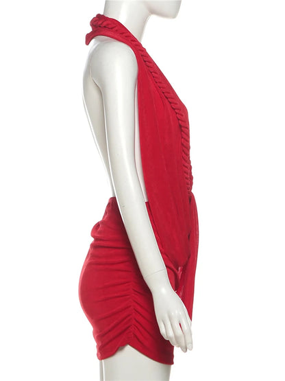 Weird Puss Halter Ruched Dress Women Sexy Whip Knot Backless Patchwork Elegant Stretch Christmas Peach Hip Birthday Mini Bodycon