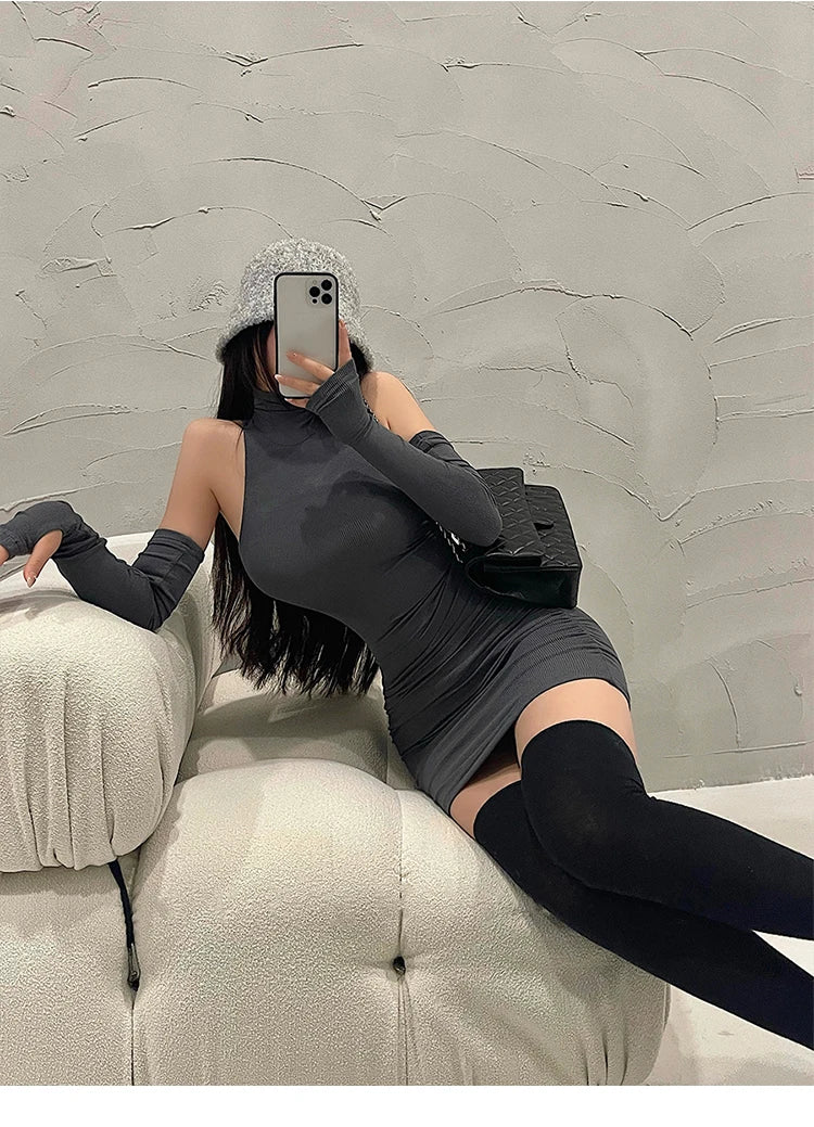 Women's Mini Dress Sleeveless Pleated Skinny Dress High Neck Lace Up Autumn Black Tight Elastic Party Tank Dresses