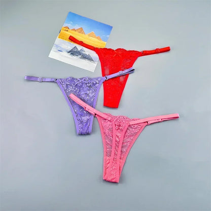 3PCS Adjustable Sexy Transparent Thong Panties Women Lace Underwear Low Waist Female T-back String Underpants