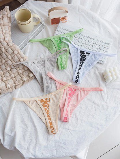 Mixed Color Floral Patchwork Thin Strap Comfortable Women's Thong Cotton Underwear Girls' Briefs 5-Pack