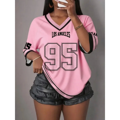 Women's Los Angeles 3D Printed V-neck Short Sleeved Quick Drying T-shirt, Summer Baseball Shirt, Plus Size Men's Sports T-shirt