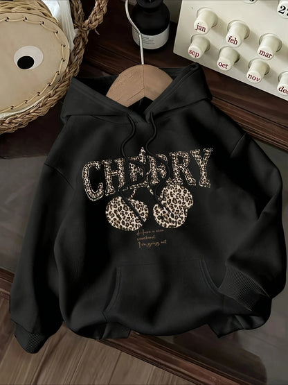 Leopard Print Cherry Letter Printed Women's Autumn Winter Round Neck Sweatshirt Casual Long Sleeved Top Hoodies Women's Clothing