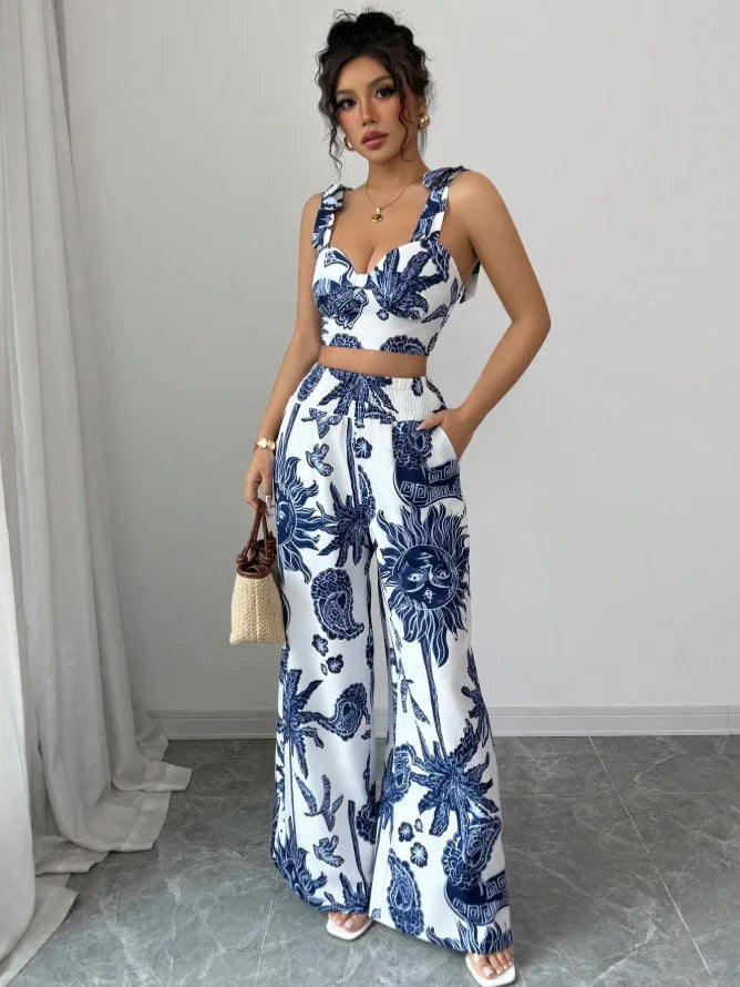 Sexy Strapback Halter Tops Long Pants Female 2-piece Set Summer Fashion Printed Wide-leg Pocket Trousers Elegant Women's Suit