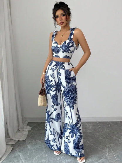Sexy Strapback Halter Tops Long Pants Female 2-piece Set Summer Fashion Printed Wide-leg Pocket Trousers Elegant Women's Suit