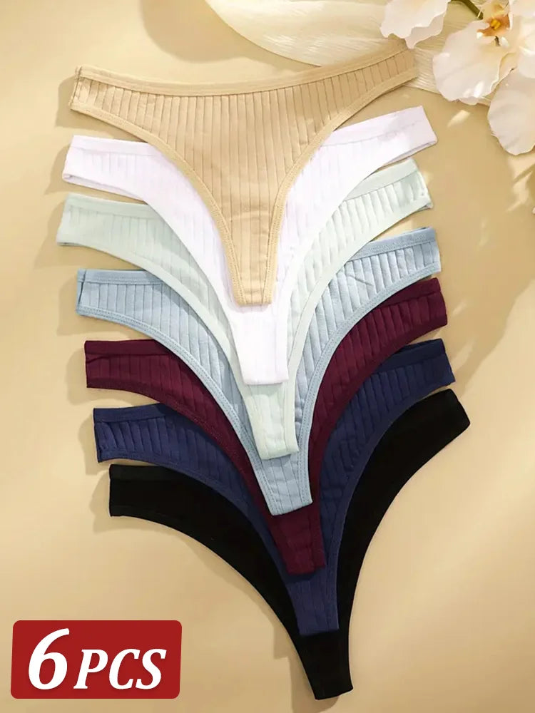 Women Cotton Thongs Panties Female Ribbed Low Rise G-String Ladies Sexy Bikini 7 Solid Color Girl Soft S-XL Intimates 6Pcs