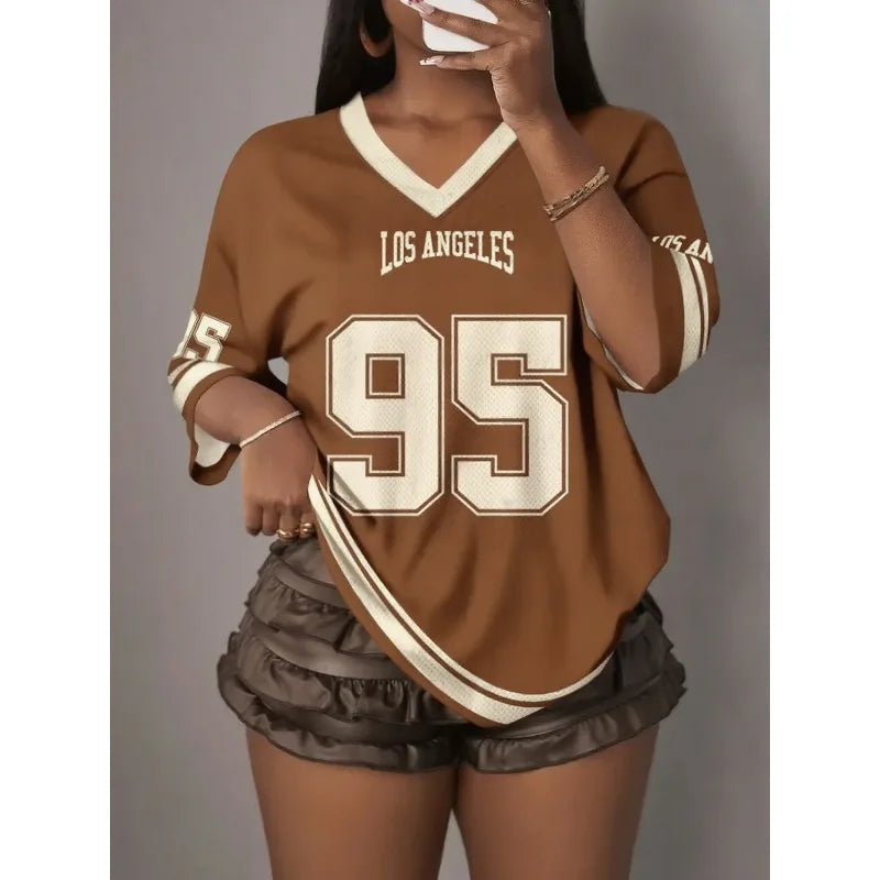 Women's Los Angeles 3D Printed V-neck Short Sleeved Quick Drying T-shirt, Summer Baseball Shirt, Plus Size Men's Sports T-shirt