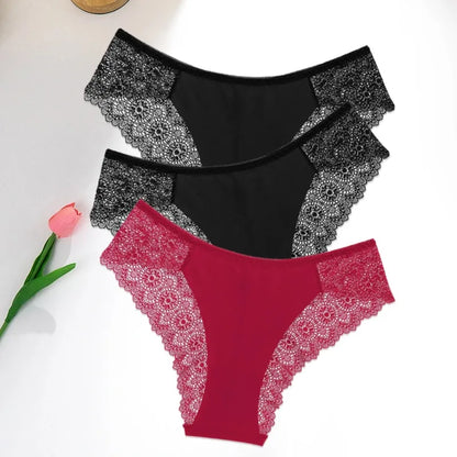 WarmSteps 3Pcs/Set Women's Lace Panties Briefs Solid Ice Silk Lingerie Female Underpanties Underwear for Woman Low Rise Briefs