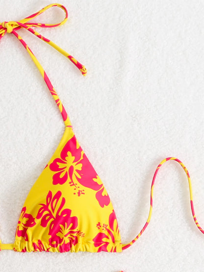 Summer retro floral print 2-piece bikini lace up swimsuit sexy high waisted women's swimsuit