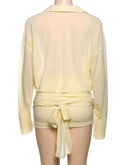 Weird Puss Ruched See Through Dress Women Patchwork Single-Breasted Full Sleeve Bandage Tassel Trend Streetwear Mini Bodycon