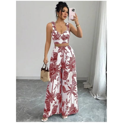 Sexy Strapback Halter Tops Long Pants Female 2-piece Set Summer Fashion Printed Wide-leg Pocket Trousers Elegant Women's Suit