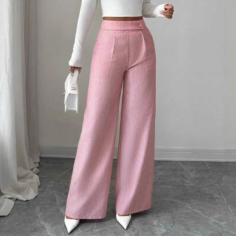 Women's High Waist Pink Waist Covered Button Design Elegant Casual Wear Loose Flowing Straight Pants