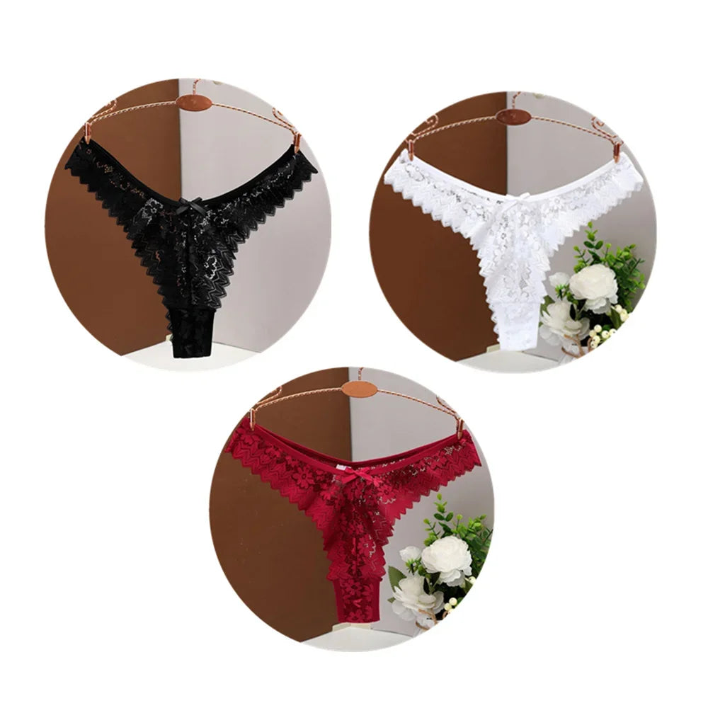 3PC Sexy T Back Woman Thong Panty Mid Waist Lace Panties Transparent Underwear "V-shape" Girls Erotic Panty