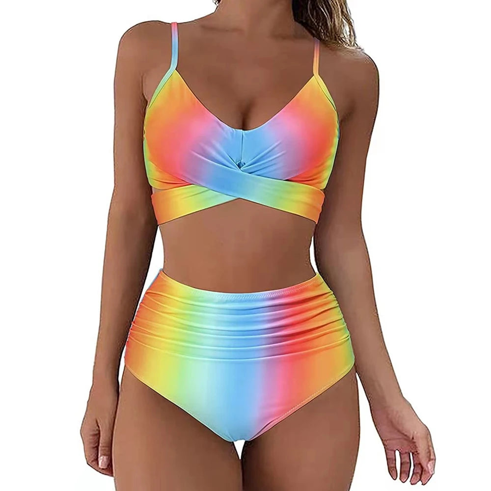 Hot 12 Colors Women Slim Bikini Sets High Waisted Sexy Swimwear 2 Pieces Solid/Floral Ruched Brazilian Swimsuit Cross Front