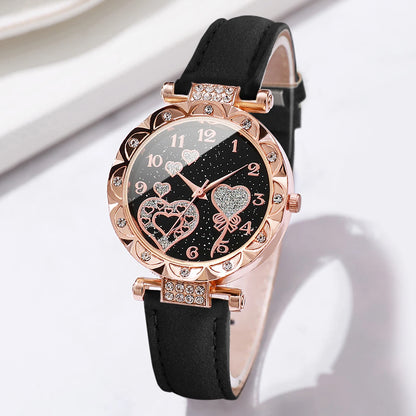 4PCS/Set Women's Watches Fashion Rhinestone Ladies Quartz Watch Leather Band Wristwatches Bracelets Set（Without Box）