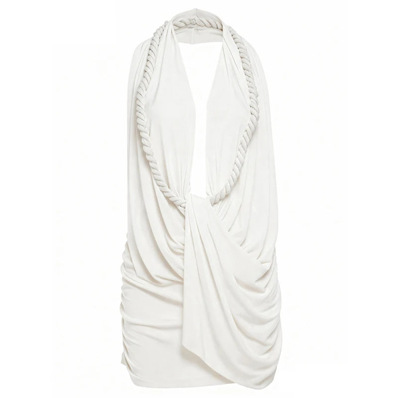 Weird Puss Halter Ruched Dress Women Sexy Whip Knot Backless Patchwork Elegant Stretch Christmas Peach Hip Birthday Mini Bodycon