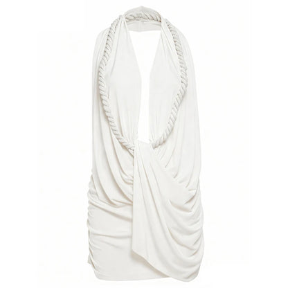 Weird Puss Halter Ruched Dress Women Sexy Whip Knot Backless Patchwork Elegant Stretch Christmas Peach Hip Birthday Mini Bodycon