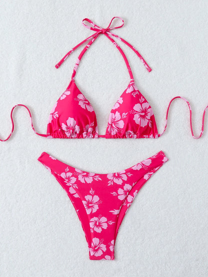 Summer retro floral print 2-piece bikini lace up swimsuit sexy high waisted women's swimsuit