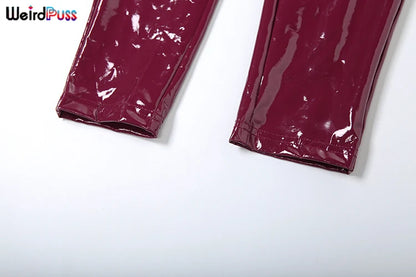 Weird Puss Faux Leather 2 Piece Set Women Sexy Low-Neck Halter Sleeveless Bodysuit+Zipper Waist Stretch Pant Clubwear Trend Suit