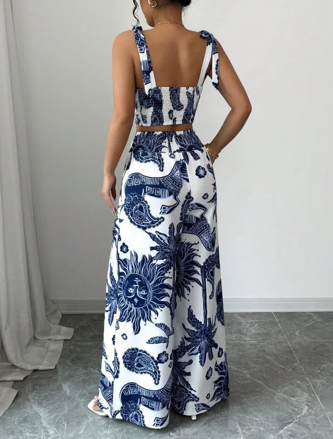 Sexy Strapback Halter Tops Long Pants Female 2-piece Set Summer Fashion Printed Wide-leg Pocket Trousers Elegant Women's Suit