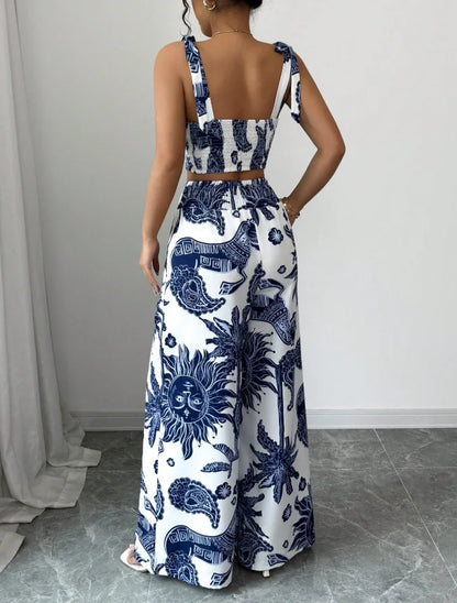 Sexy Strapback Halter Tops Long Pants Female 2-piece Set Summer Fashion Printed Wide-leg Pocket Trousers Elegant Women's Suit