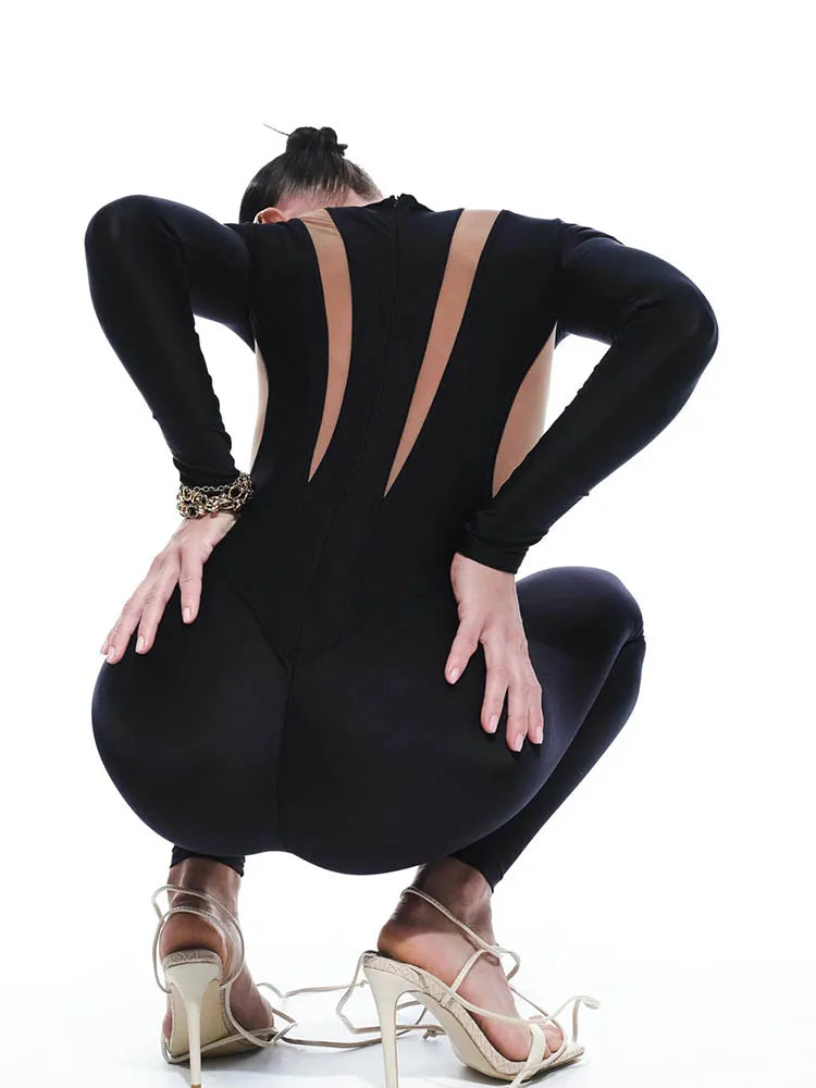 Huhugirl Sexy Mesh Patchwork Rompers Women Jumpsuits Fashion O Neck Long Sleeve Skinny Black Jumpsuits Female One Piece Overalls
