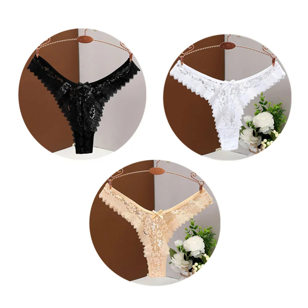 3PC Sexy T Back Woman Thong Panty Mid Waist Lace Panties Transparent Underwear "V-shape" Girls Erotic Panty