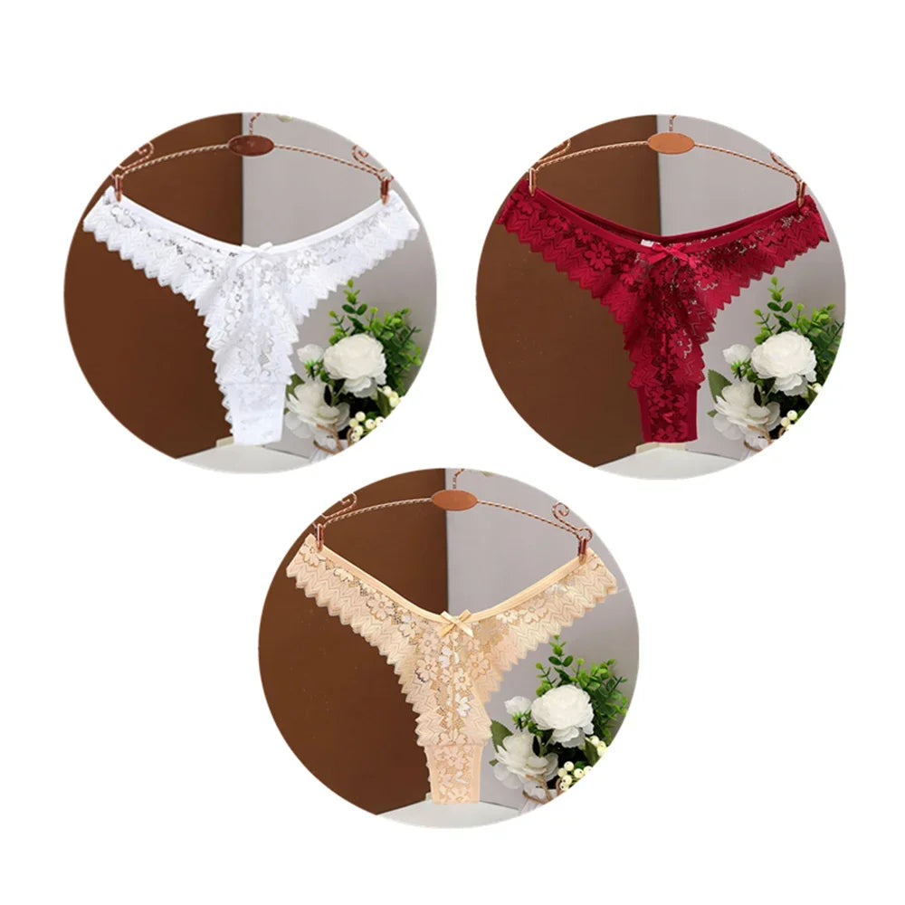 3PC Sexy T Back Woman Thong Panty Mid Waist Lace Panties Transparent Underwear "V-shape" Girls Erotic Panty