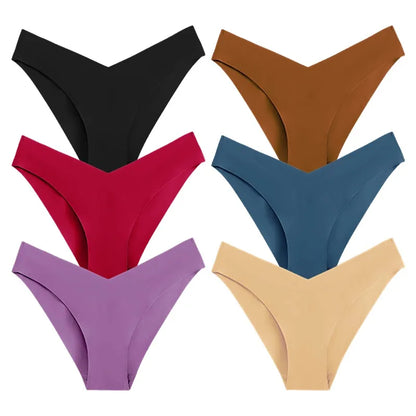 WarmSteps 6Pcs/Set V-Cut Sexy Women's Thongs Panties Plain Ice Silk Female Lingerie Intimate Seamless Underwear Briefs for Woman