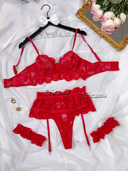 Lingerie Set Transparent Bra Set Hot Erotic Sexy Costumes Solid Color Underwear Seamless Bra Thong Garters Sexy Lingerie Sets
