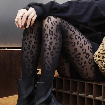 Vintage Women Sexy Thin Transparent Silky Pantyhose Gothic Black Sexy Leopard Animal Pattern Sheer Tights Seamless Stockings