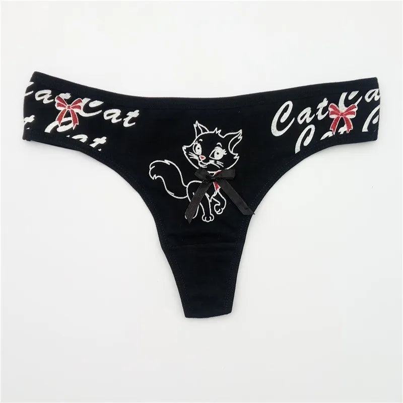 Sexy Thong 5 Pcs for Women Girls Cotton G-Strings Ladies Panties,Cute Cat Print Thongs