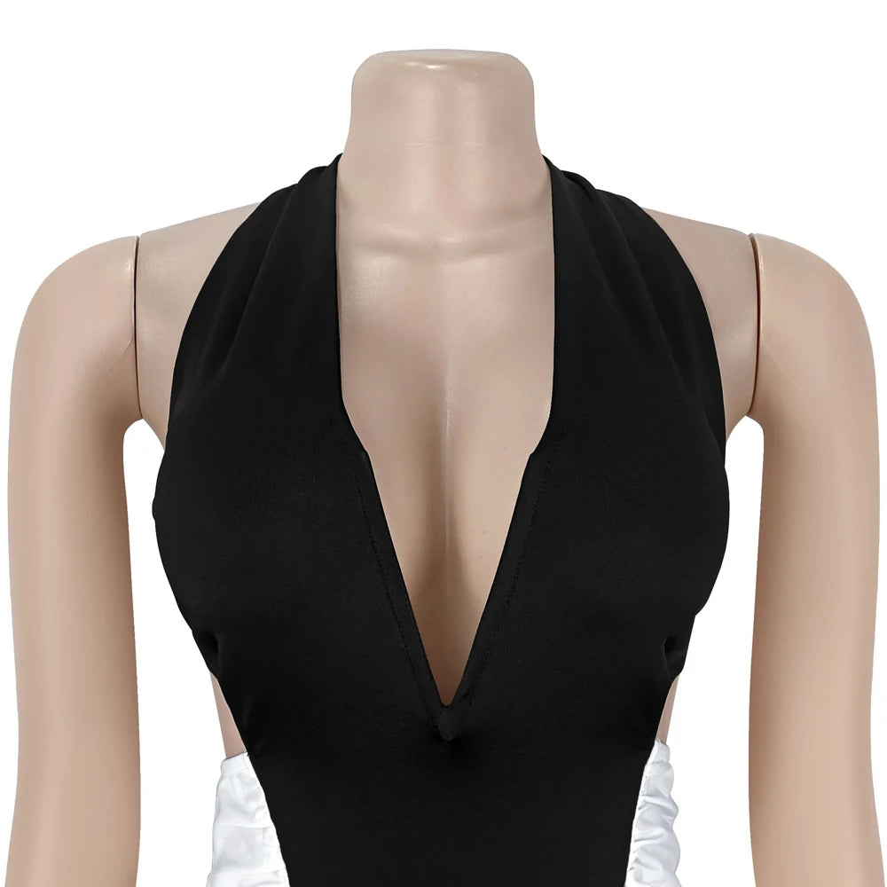 Luxury Women Ruched Dresses Two Tone Contrast Open Back Maxi Halter Midinight Robes Evening Sexy Party Long Dress