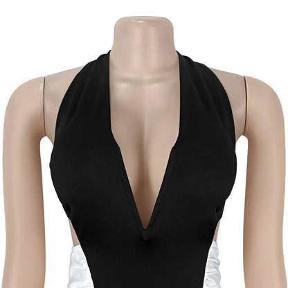 Luxury Women Ruched Dresses Two Tone Contrast Open Back Maxi Halter Midinight Robes Evening Sexy Party Long Dress