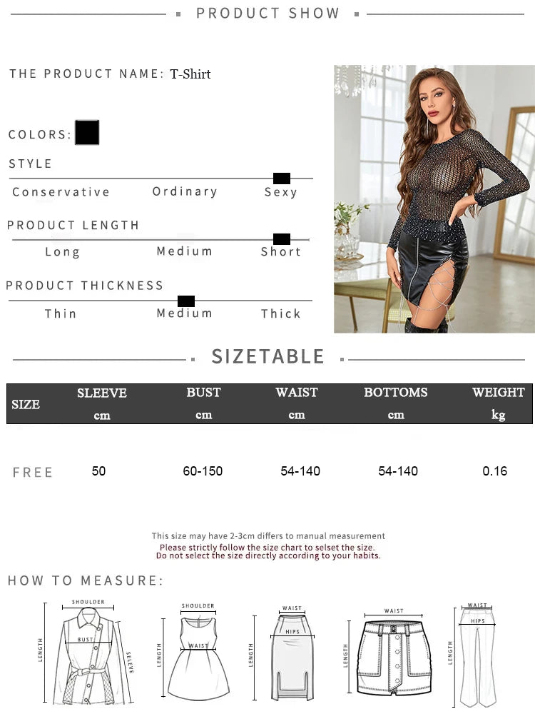 FHSEER 1pcs Women's Sexy Fishnet Bodysuit See-Through Long Sleeve Sparkle Rhinestone T-Shirt Slim Fit Stretchy Top Clubwear