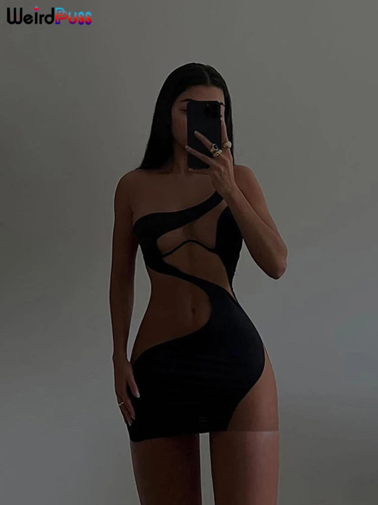 Weird Puss Beach Style Women Bikini 2 Piece Set Sexy Mesh Patchwork One Shoulder Bra Top+Bandage Briefs Vacation Trend Clubwear