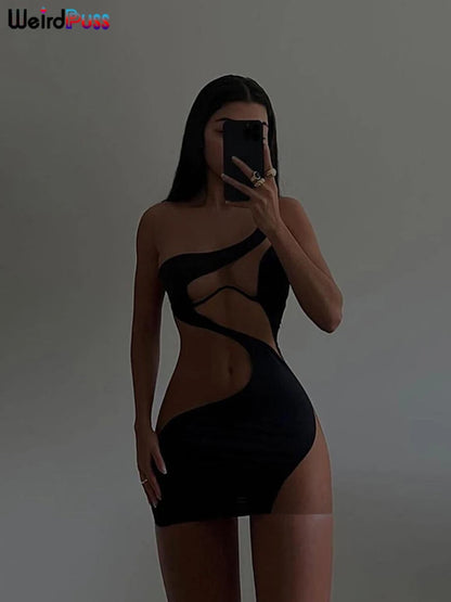 Weird Puss Beach Style Women Bikini 2 Piece Set Sexy Mesh Patchwork One Shoulder Bra Top+Bandage Briefs Vacation Trend Clubwear