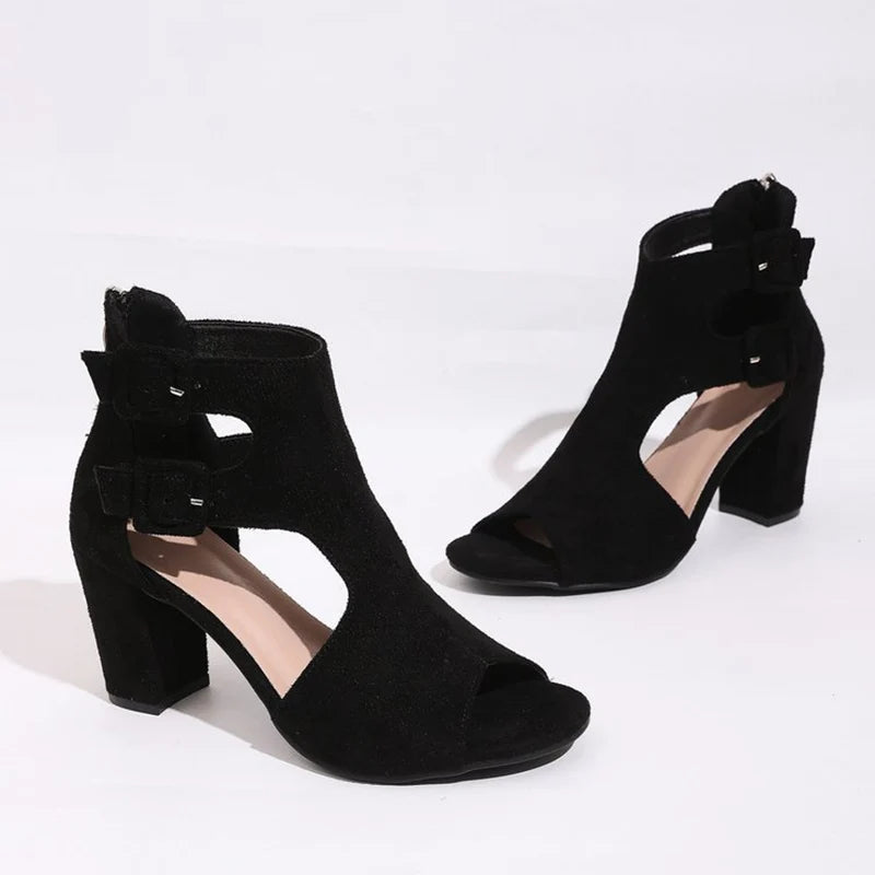 Peep Toe Black High Heel Sandals Women Retro Faux Suede Thick Heel Sandals Woman Summer Plus Size 35-43 Sandalias Female