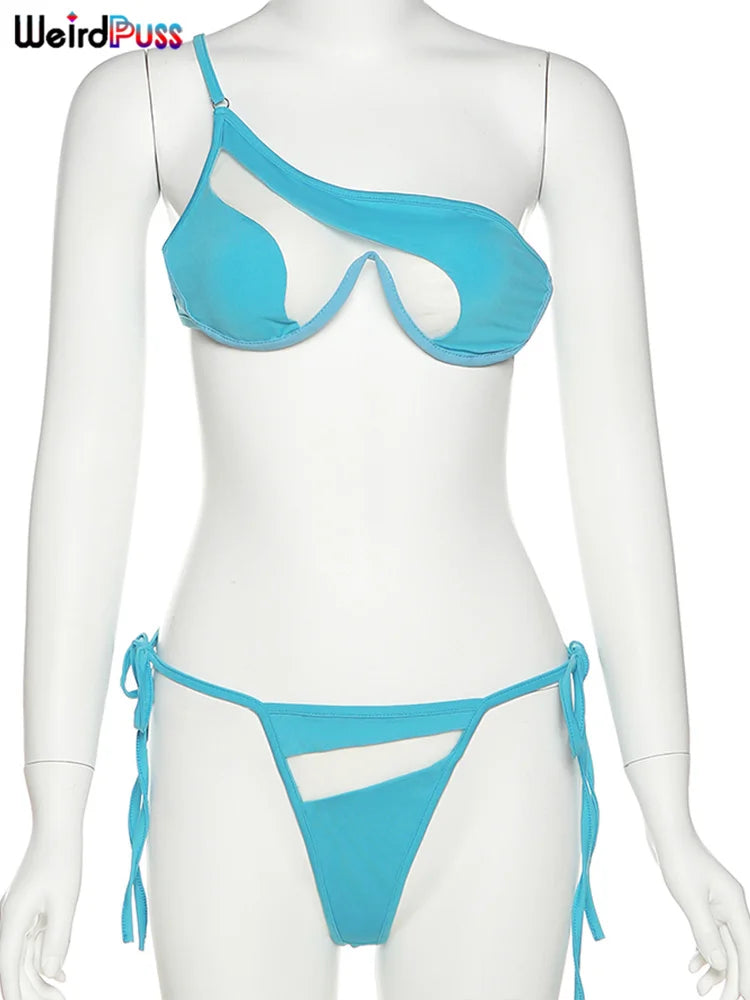 Weird Puss Beach Style Women Bikini 2 Piece Set Sexy Mesh Patchwork One Shoulder Bra Top+Bandage Briefs Vacation Trend Clubwear