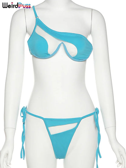 Weird Puss Beach Style Women Bikini 2 Piece Set Sexy Mesh Patchwork One Shoulder Bra Top+Bandage Briefs Vacation Trend Clubwear