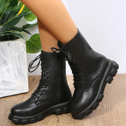 Autumn Winter PU Leather White Ankle Boots Motorcycle Botines Female Chunky Heels Platform Boots Botas Mujer