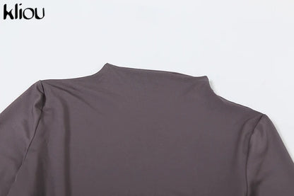 Kliou Shirring Women Classic Maxi Dress Autumn New Solid Long Sleeve High Collar Body-shaping Vestidos Mujer Concise Trend Robe