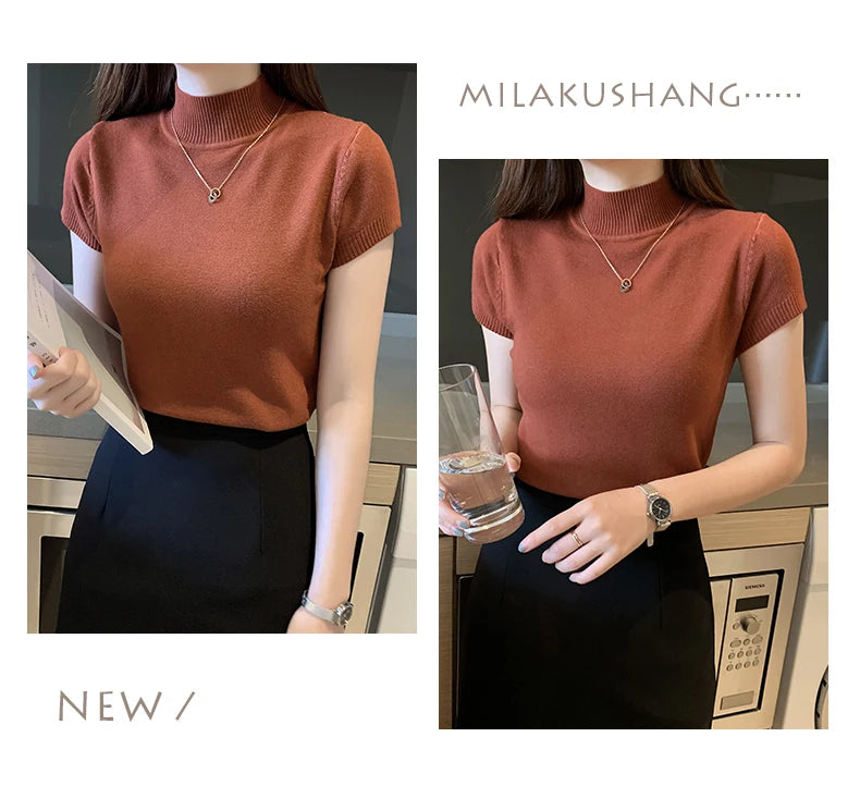 Half-High Neck T-Shirt Women's Fashion Jumper Casual Tops Korean Style Elegant Solid-Coloured Clothing Spring And Summer Season