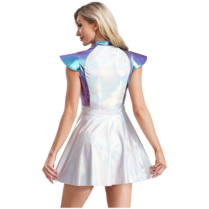 Adult Silver Astronaut Costume Women Alien Tutu Dress Suit Space Cadet Tulle Skirt Jumpsuit Halloween Cosplay Party Dress Up