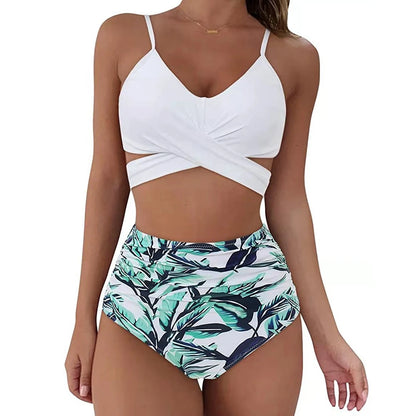 Hot 12 Colors Women Slim Bikini Sets High Waisted Sexy Swimwear 2 Pieces Solid/Floral Ruched Brazilian Swimsuit Cross Front