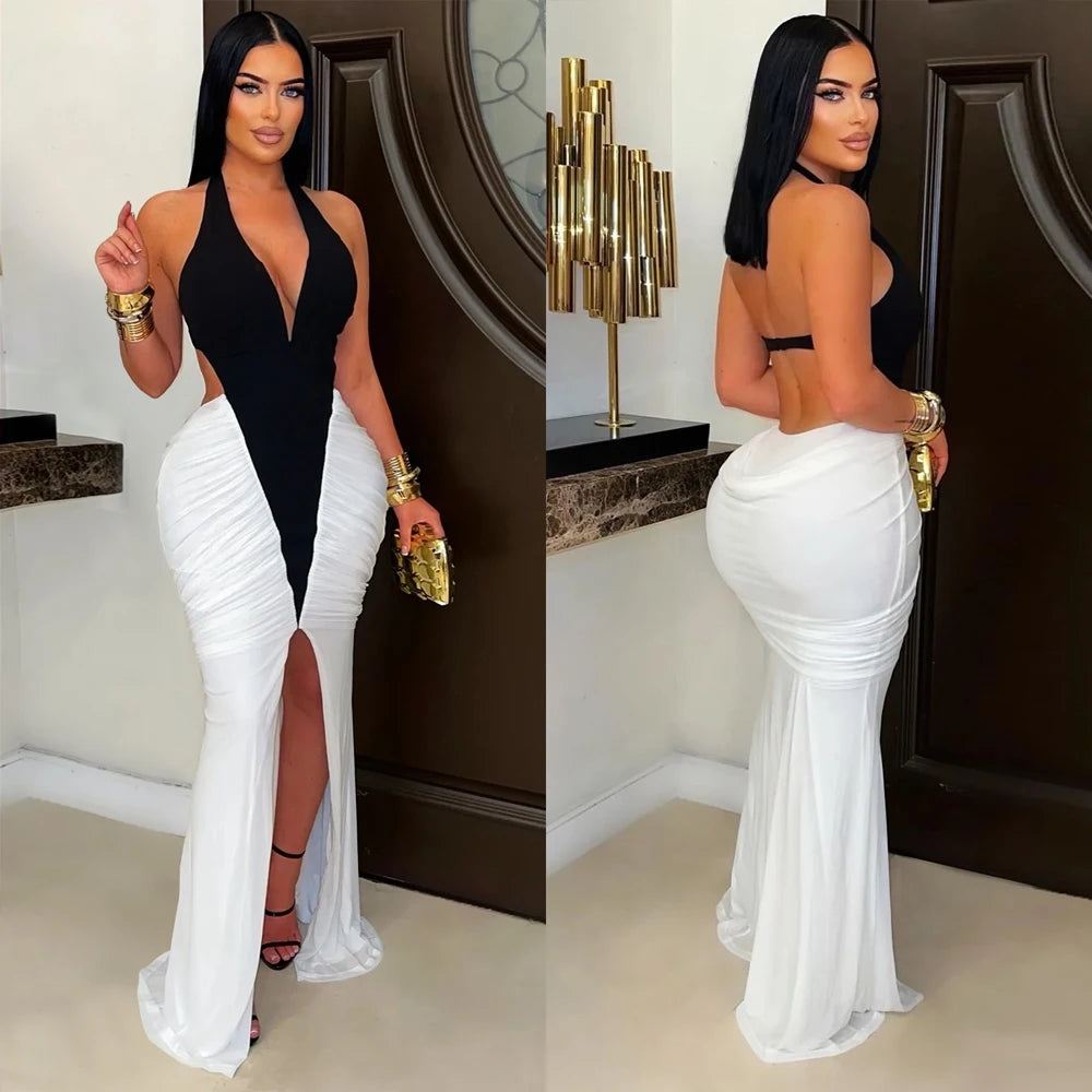 Luxury Women Ruched Dresses Two Tone Contrast Open Back Maxi Halter Midinight Robes Evening Sexy Party Long Dress