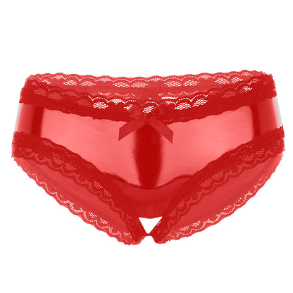 Erotic Panties Crotch Open Sex Wet Look Porn Underwear Patent Leather Lace V-Back mujer Mini Briefs